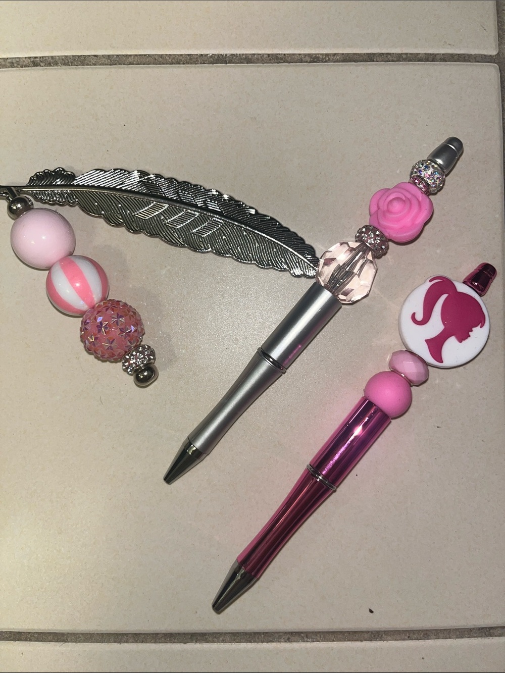 Pretty in Pink Barbie, Rose and Feather Beaded bookmark trio.